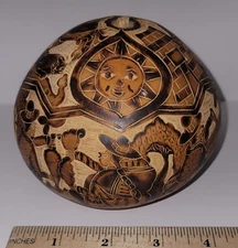 Peruvian Carved Gourd Primative Art