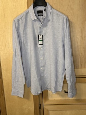 Perry Ellis Linen Blend Standard Fit Solid Blue Dress Shirt L 32/33