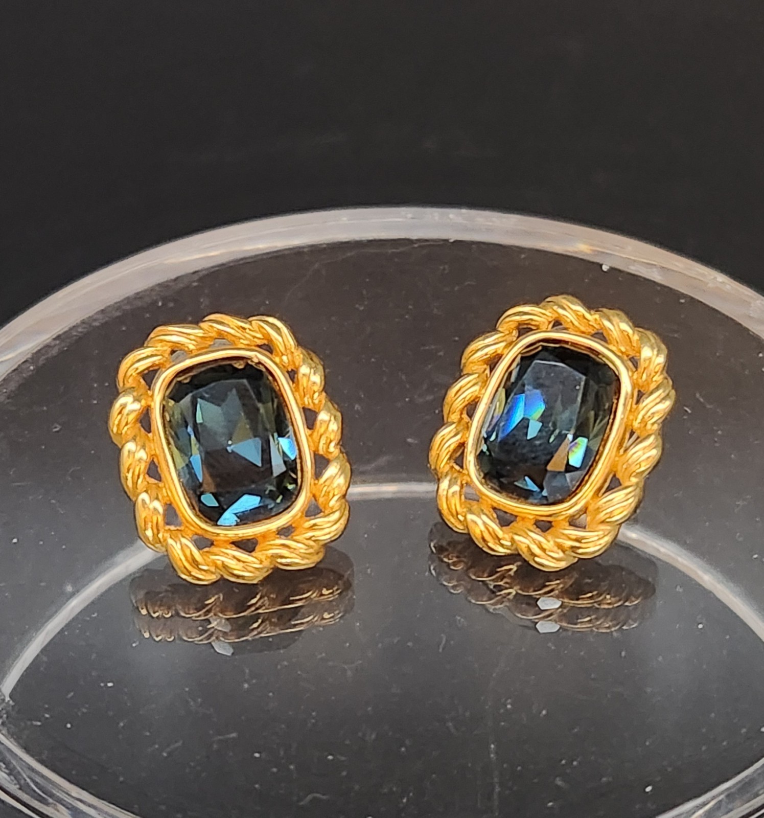 Swarovski Royal Blue Crystal Gold Tone Earrings Pierced Rectangular Swan Logo