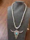Old Pawn Nickel Silver Beads & Bull Head Pendant Necklace
