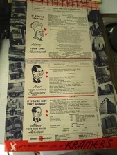 1949 KRAMERS RESTURANT PITSBURGH PA MENU DINNER & BEVERAGE