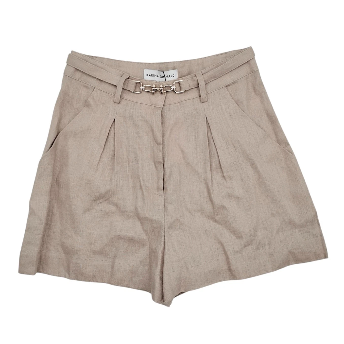 New Karina Grimaldi Hallie Linen Shorts Latte Tan High Waist Belted Pleated XS