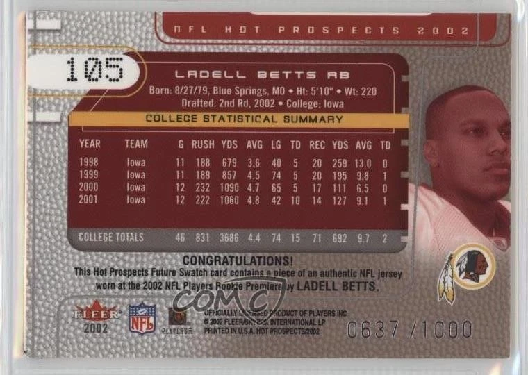 2002 Fleer Hot Prospects Future Swatch /1000 Ladell Betts #105 Rookie RC - Image 2 of 2