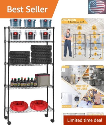 NSF Certified 5-Tier Utility Storage Rack on Wheels - 220 lbs Capacity, Black