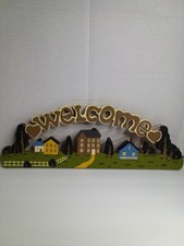 Vintage Folk Art Welcome Sign Houses Trees Hand Painted Cottagecore 19" x 7"