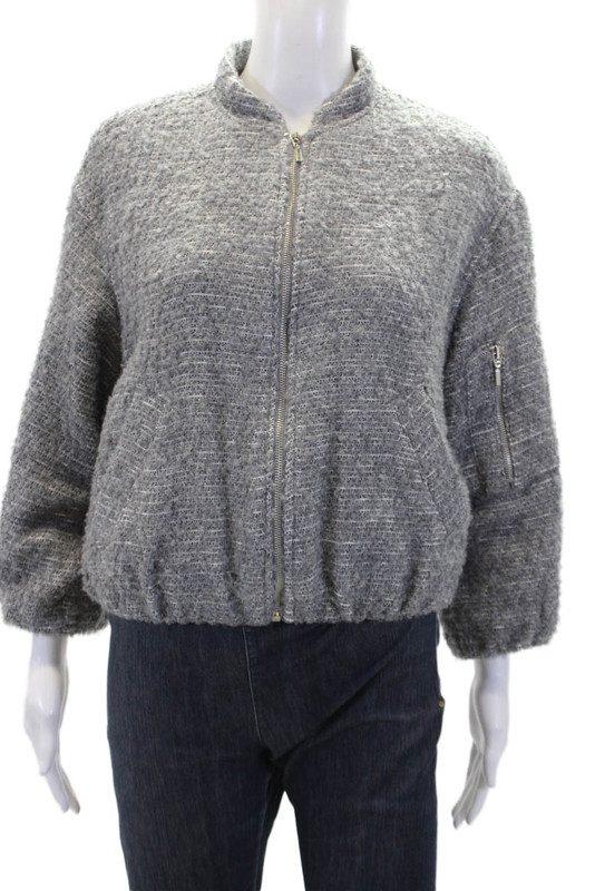 Zara Womens Cotton Fuzzy Zip Up Lined Long Sleeve Bomber Jacket Gray Size 11-12