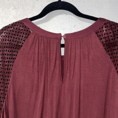 Zac & Rachel Woman 2X Pullover Knit Blouse Sheer Polka Dot Sleeves Maroon/Black - Afbeelding 11 van 14