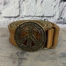 Lucky Brand Boho Peace Sign Buckle Scalloped Leather Belt Size Large Hippie 70's