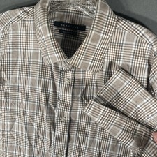 Sean John Mens Button Up Shirt Large Beige Windowpane Cotton Long Sleeve