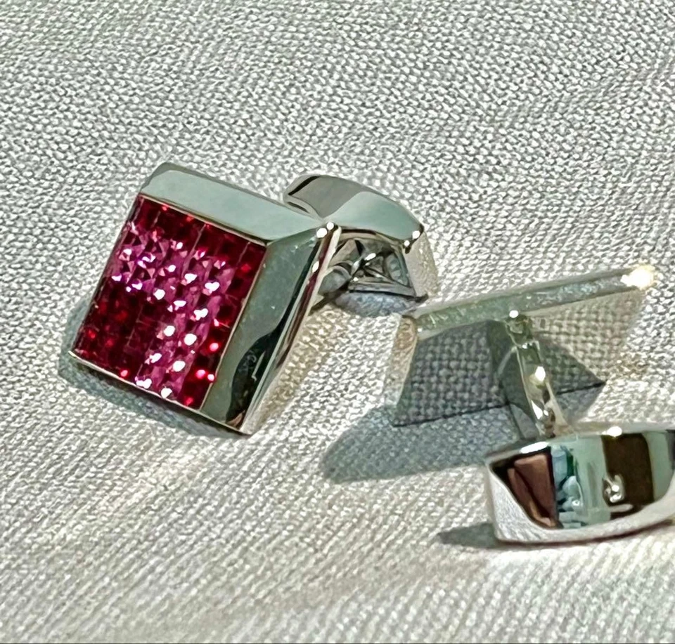 Juego de 2 gemelos cuadrados TATEOSSIAN esmalte azul y rosa usados Foto 3 de 4