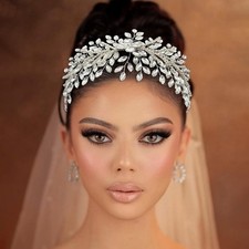 Wide Clear Rhinestone Headpiece Silvertone Headband Bridal Wedding Satin Ribbon