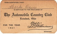 1921 The Automobile Country Club Loveland Ohio Membership Card M. Davis ~ T110AO