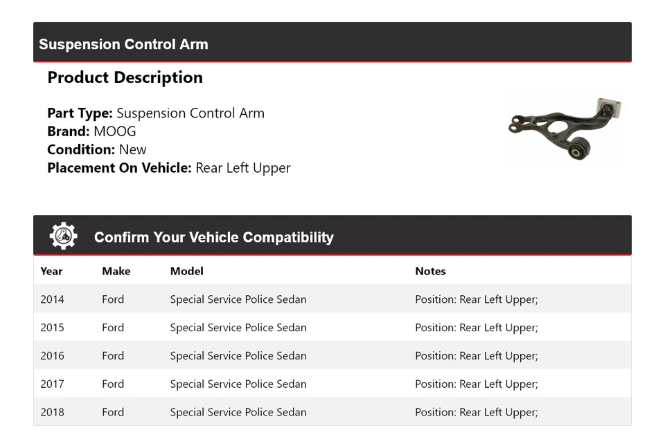 Brazo de control de suspensión MOOG 2014-2018 Ford Special Service Police Sedán Foto 2 de 4
