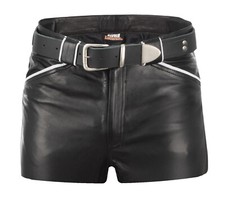 Lederhose kurz schwarz Ledershorts weiße Det...
