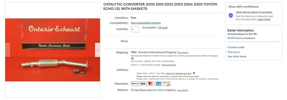 CATALYTIC CONVERTER 2000 2001 2002 2003 2004 2005 TOYOTA ECHO 1.5L WITH GASKETS - Image 2 of 3