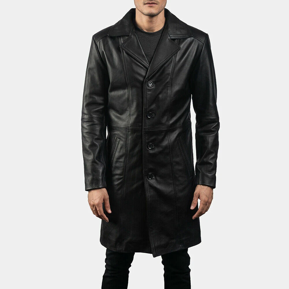 Men's black leather trench best sale coat