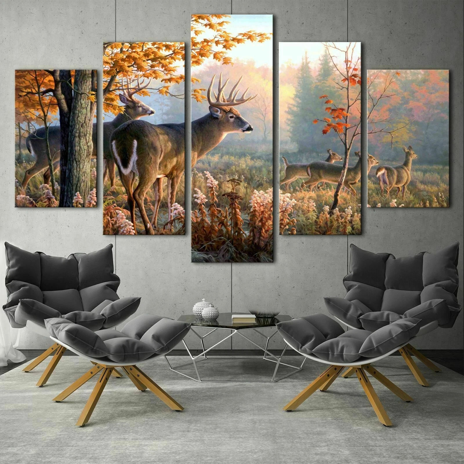 Beautiful Wild Deer Family Forest 5 Panel Canvas Print Wall Art Home Decoration