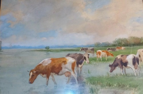 A. J. GROENEWEGEN ARTIST SIGNED ORIGINAL WATERCOLOR PAINTING OF COWS