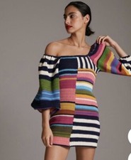 Farm Rio NWT Women’s S Knit Pink Green Blue Puff Sleeve Mini Dress-Q