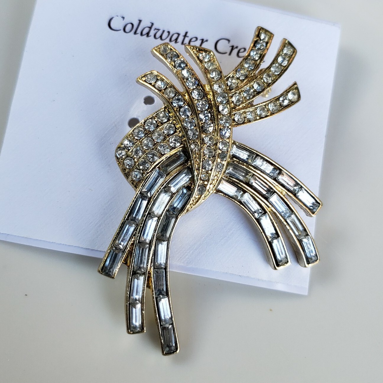 Broche Coldwater Creek Deco Deslumbrante Estrás Tonos Dorados Cinta de Vidrio NUEVO $50