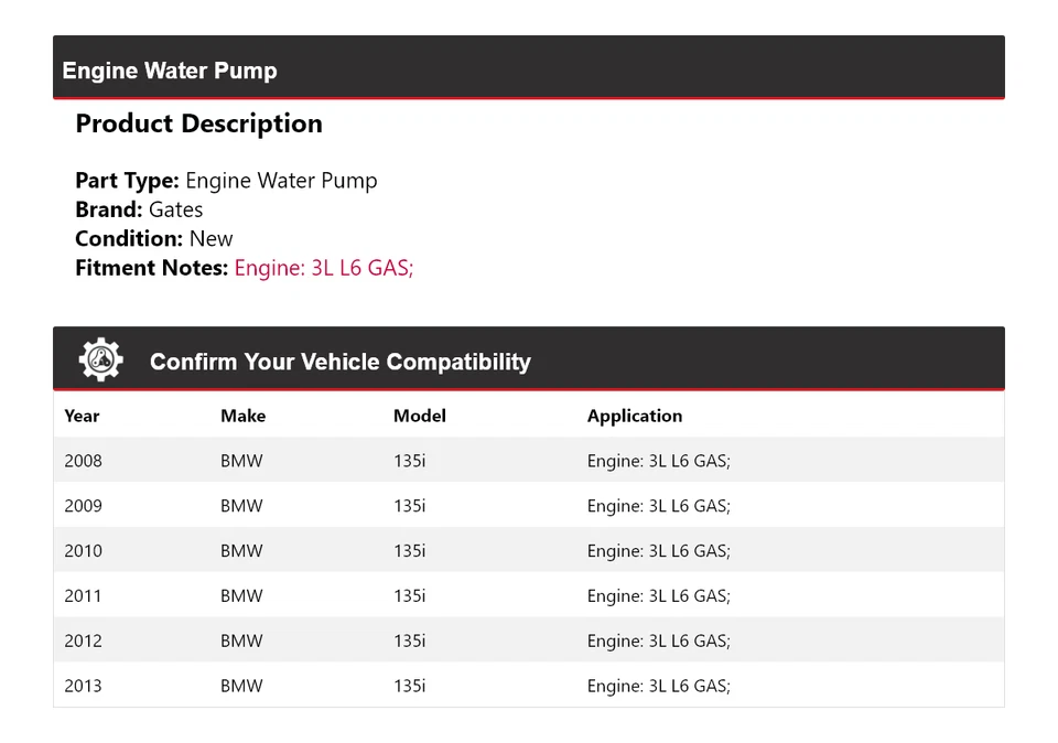 Para BMW 135i 2008-2013 3L L6 Motor Gas Bomba Agua Puertas 2009 2010 2011 2012 Foto 2 de 4