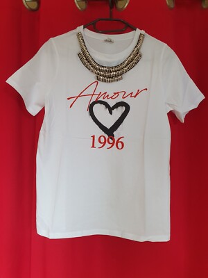 NEW RIVER ISLAND T-Shirt heart AMOUR 1996 Womens Top Size jewelled RRP £30  UK
