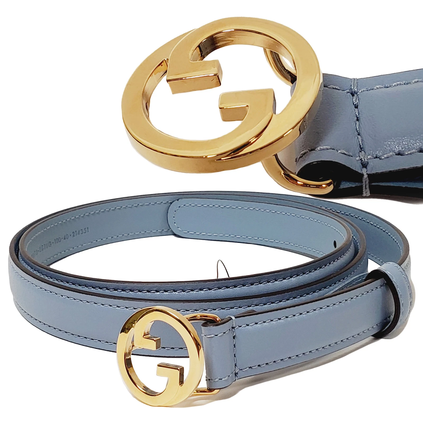 CEINTURE GUCCI ‎723073 FINE BLONDIE LOGO GG BOUCLE DORÉE CUIR BLEU taille 100 / 40