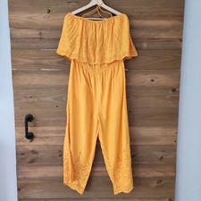 NEW TopShop yellow eyelet off shoulder jumpsuit one piece womens size 12