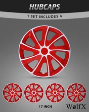 17" Set of 4 Wheel Covers Snap On White&Red Hub Cap Replacement For R17 Tire ABS