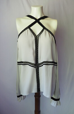 ROI 100% Silk Crepe Blouse Cold Shoulder Pale Gray Black Velvet Trim M