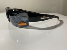Men's wrap around sunglasses with black frame and smoke black lenses