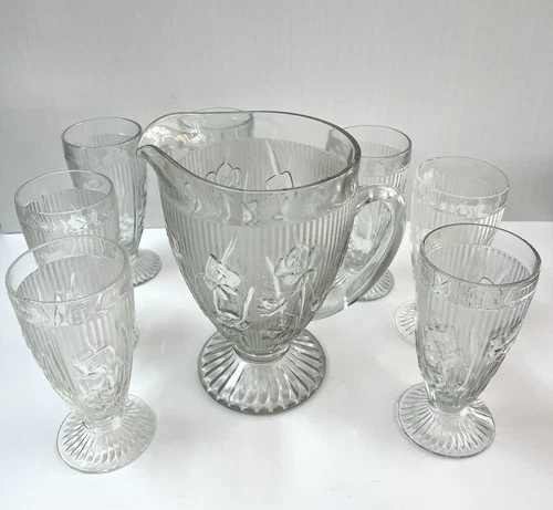 VTG Jeanette Glass Iris & Herringbone 9” Pitcher And 7 Footed Tumblers