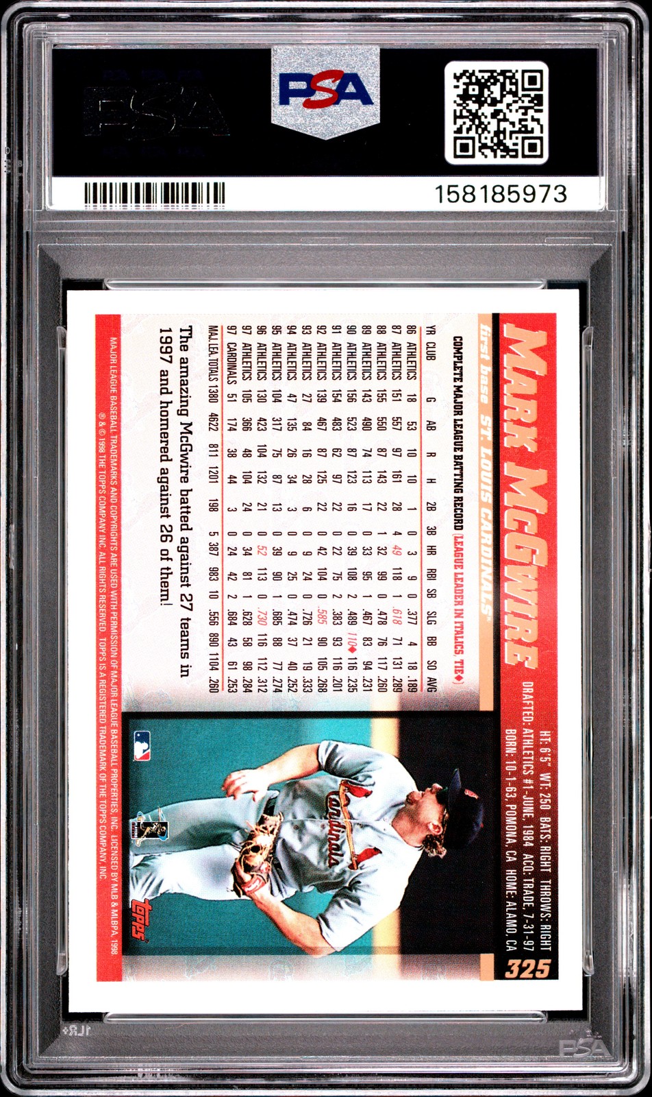 1998 Topps #325 Mark Mcgwire PSA 9 view 2
