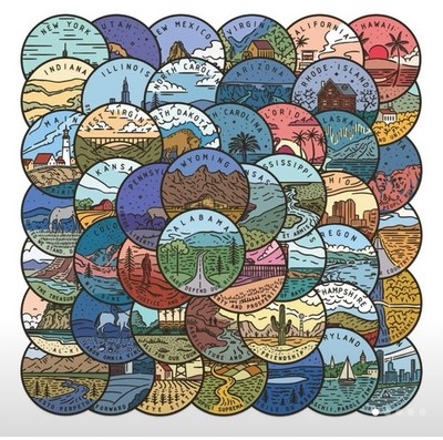 50 Piece 3  Road-trip Travel America All States Colorful Round Stickers Map
