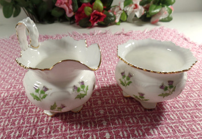 Aynsley England Fine English Bone China Cream & Sugar Set Green Clover Gold Trim