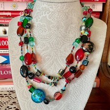 Multicolored Triple Strand Beaded Necklace Various Sized Beads COLORFUL