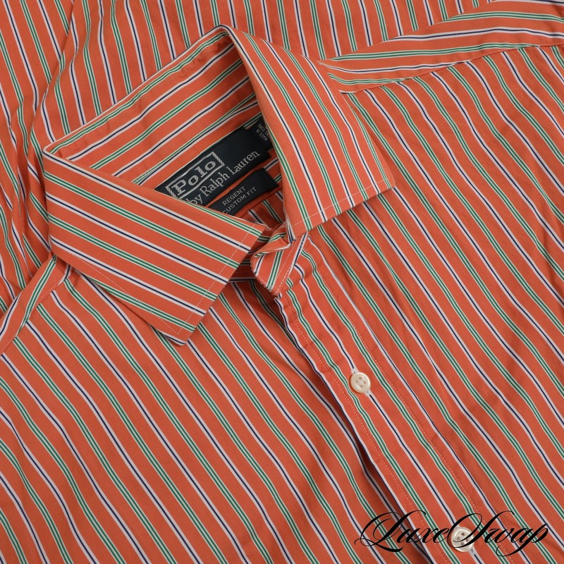 Polo Ralph Lauren Regent Fit Bold Orange Green Multi Stripe Button Down Shirt 15