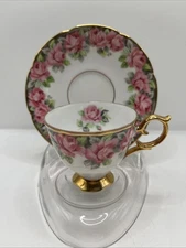 Vintage Royal Sealy China Footed Cup And Saucer Pink Roses Gold Trim Japan
