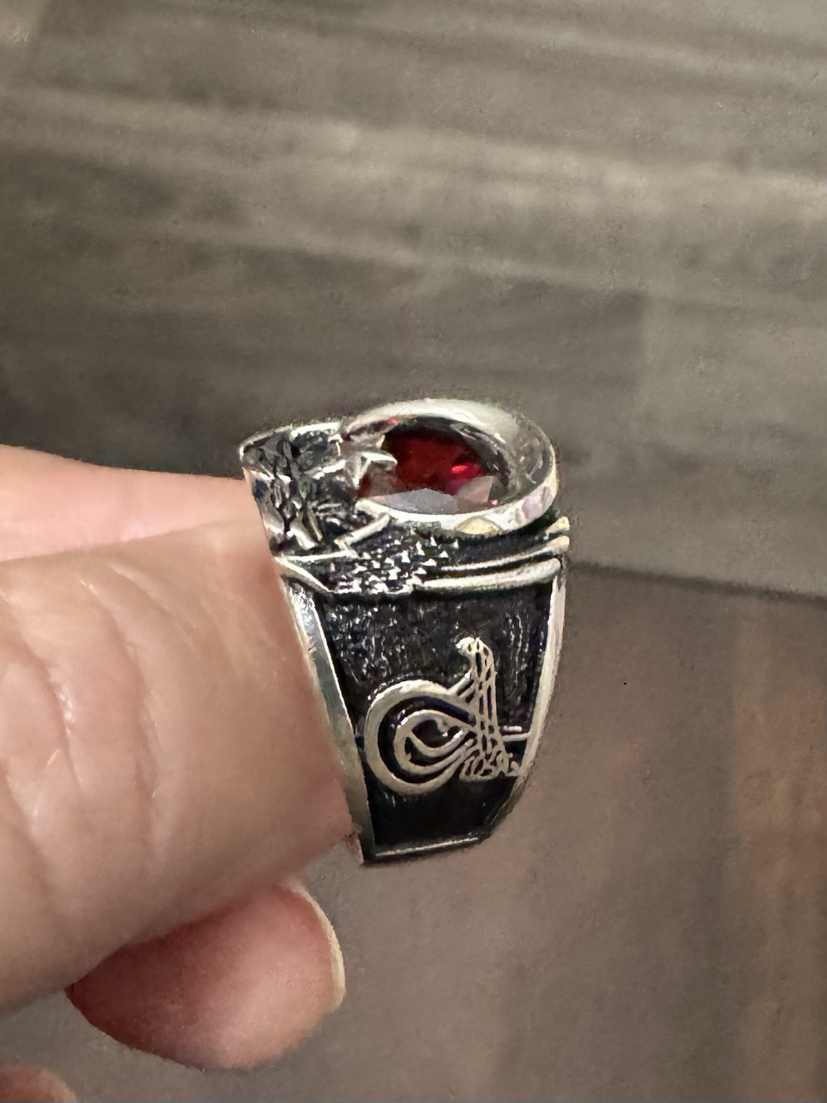 Turkish Silver Gents Ring With Imitation Ruby, Ea… - image 3