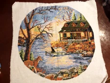 completed finished cross stitch 15" x 15" Unframed New Decoration house, river