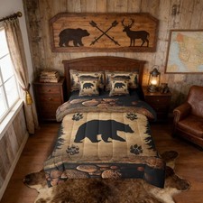 Bear Comforter Set King Size 7 Pcs Cabin Lodge Bed in a Bag Rustic Wild Animals