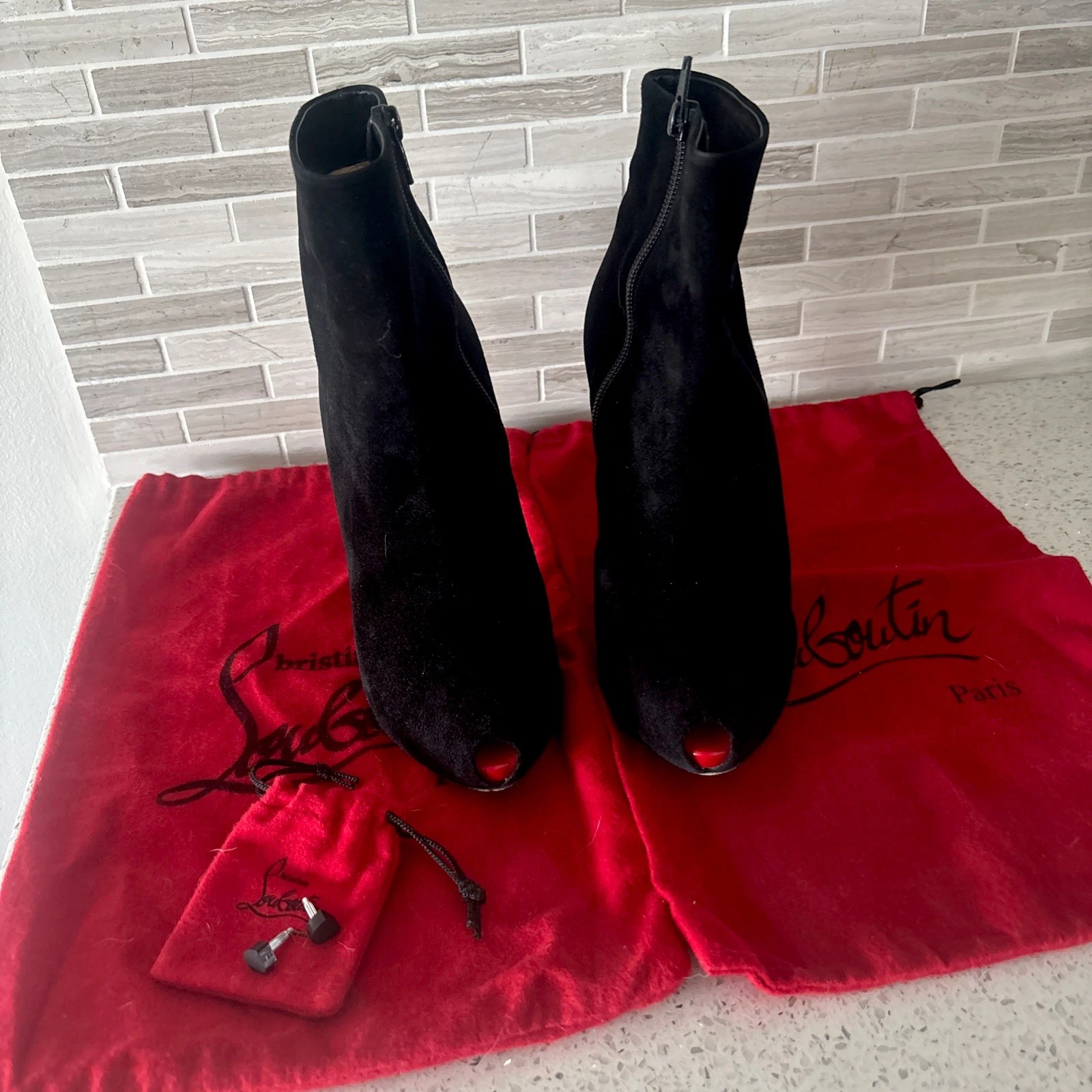 Christian Louboutin — Christian Louboutin 120mm  black suede Hidden Peeptoe Boot sz 37.5