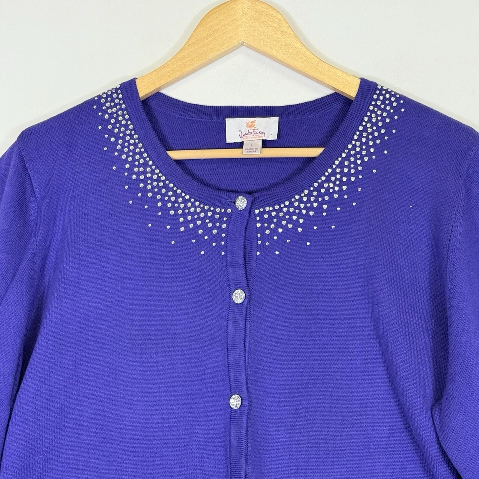 Quacker Factory Womens Large Royal Purple Rhinestone Whimsical Cardigan Sweater - Image 2 of 4