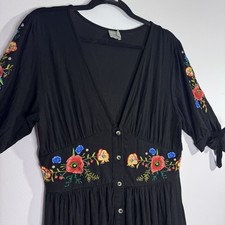 ASOS Embroidered Boho Maxi Dress Black Floral Button Front Tie Sleeve US 12