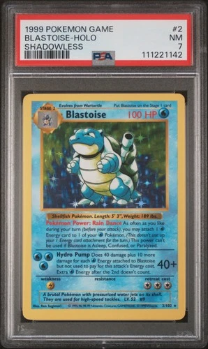 1999 POKEMON BASE SET SHADOWLESS #2 BLASTOISE-HOLO PSA 7