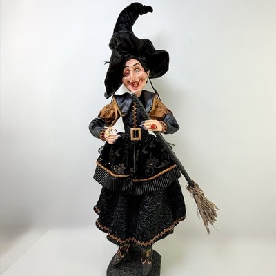 Vintage 30  Halloween Witch Figurine Winking Eye Broom Black Orange Decor