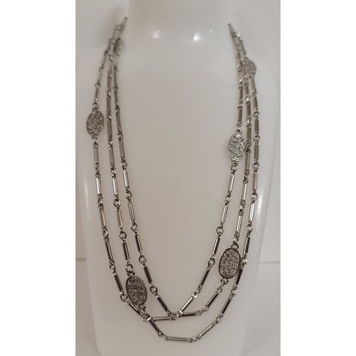 Monet Silver Tone Barrel Link Oval Filigree Station Chain Necklace 56” Long, Sig - Picture 3 of 11