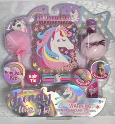 Hot Focus Unicorn Trendy Writing Set Pom Pom Pen Hair Tie Slap Bracelet Note Pad