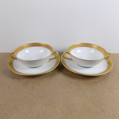 #ad 2 Bernardaud Limoges Villiers Cream Soup Bowls Incrustation or fin Gold Band $195.00