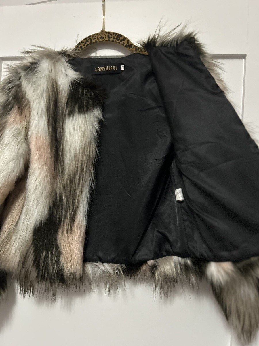 New Lanshifei Girls Faux Fur Jacket Coat Black/Gray/Pink/White Tie